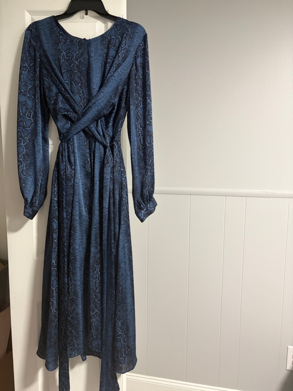 BCBGMaxAzria Navy Blue Snake-Print Long Sleeve Wrap Dress